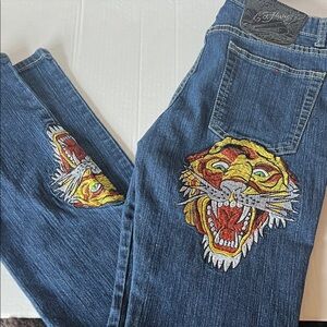 Ed Hardy x Christina Aguilera Tiger Embroidered Jeans Y2K Vintage Denim SZ 11/12